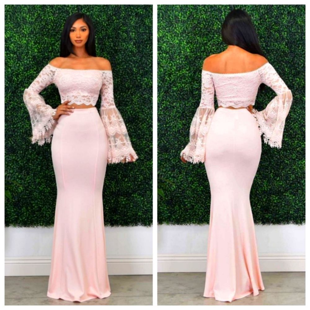 Blush Maxi Skirt & Off Shoulder Lace Top Set